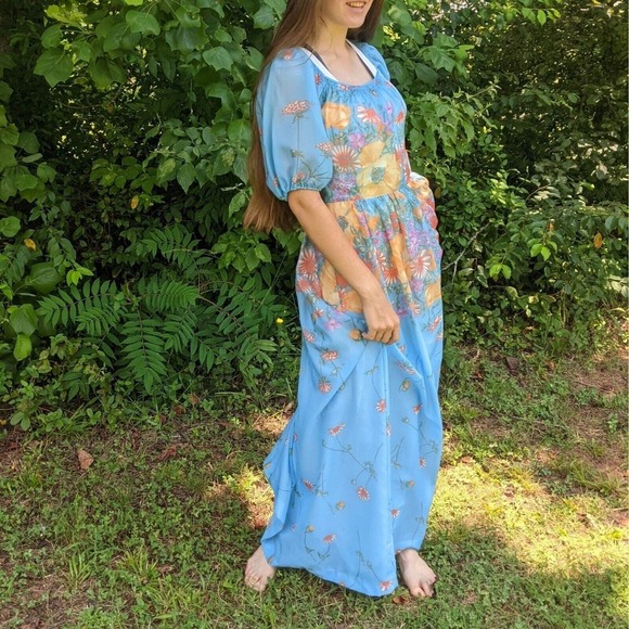 Vintage Maxi Dress S Blue Floral 60s 70s Long Boho Hippie Deha of Sweden Prom - Picture 2 of 16